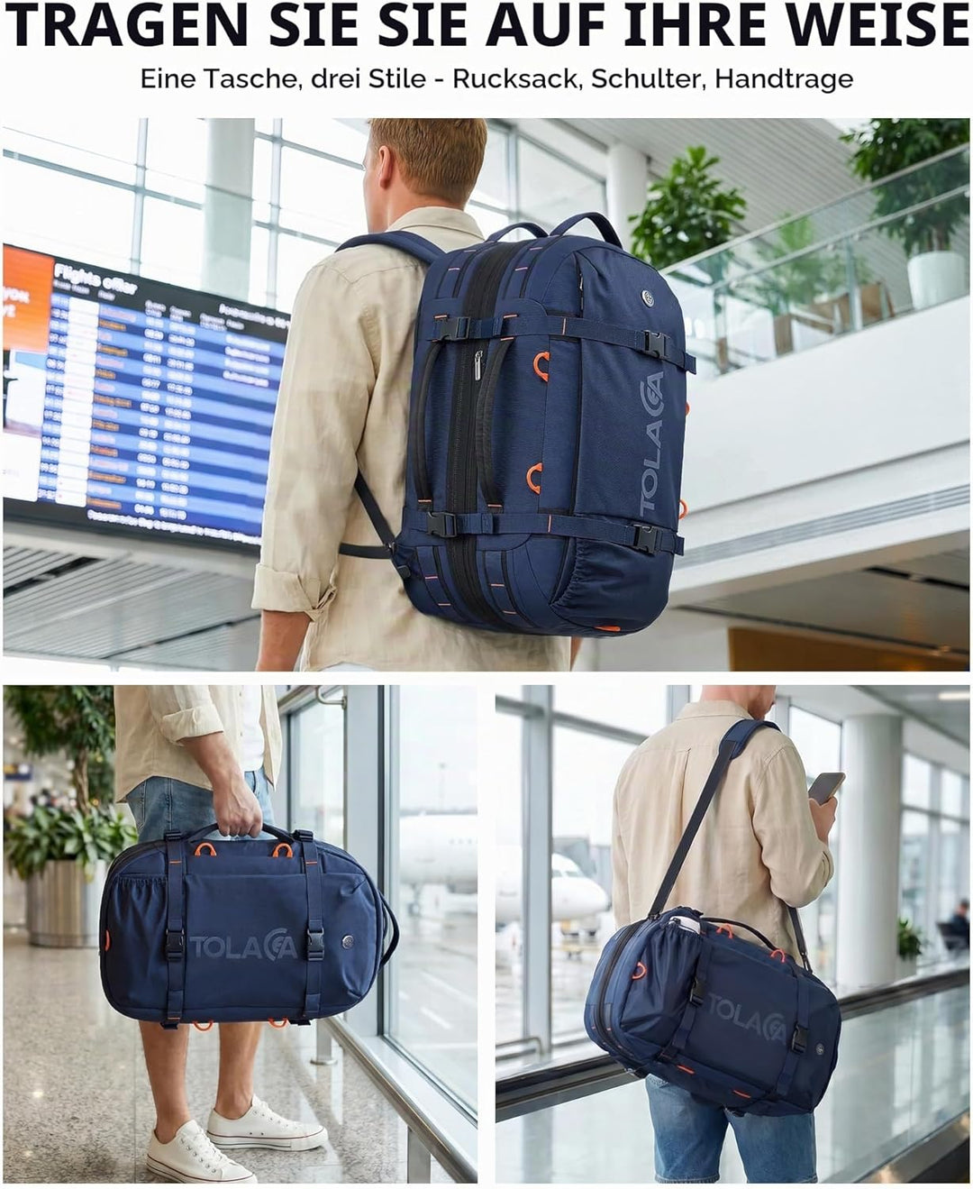 Tolaccea Reiserucksack, Handgepäck Rucksack Flugzeug, TSA-Freundlicher Laptop Rucksack 15,6 Zoll, Er