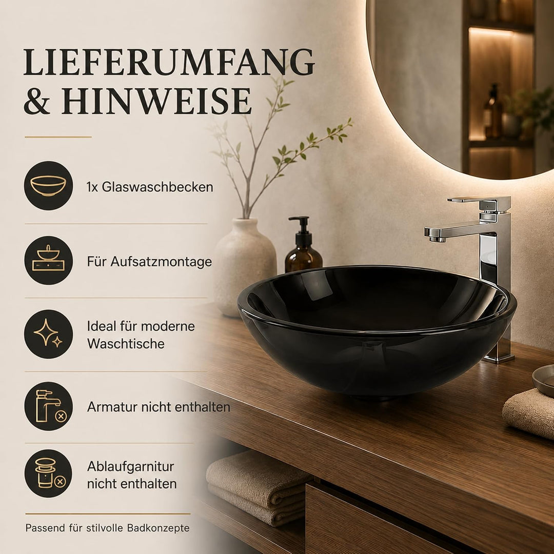 Art-of-Baan Premium Waschbecken rund - edles Aufsatzwaschbecken - schwarz Glas Becken für Waschtisch
