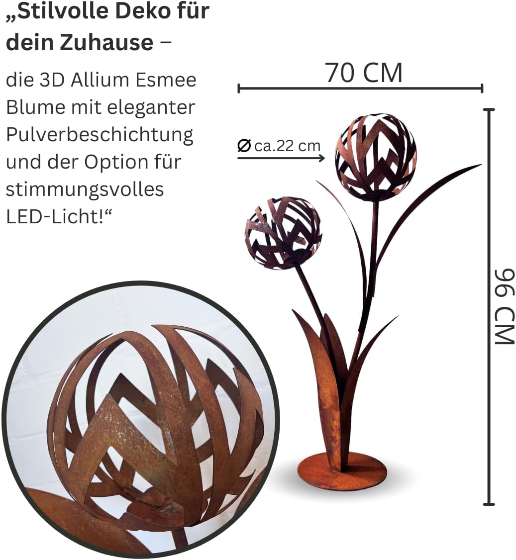 Terma 3D Blume Allium Esmee – XXL Deko-Blume aus Rost-Metall, 96 cm hoch, massiv & hochwertig mit St
