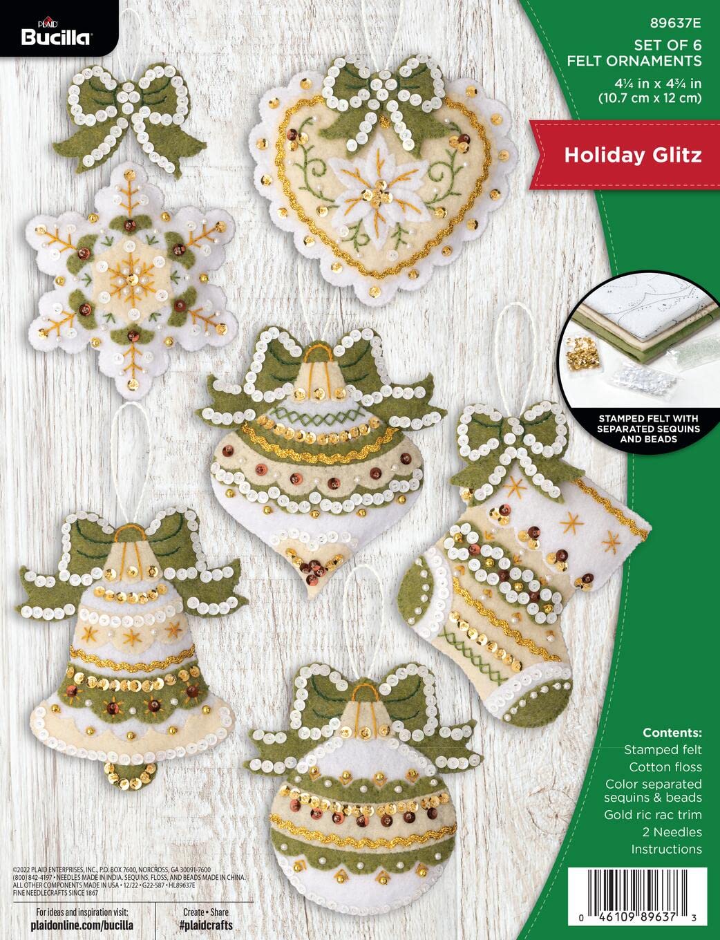 Bucilla Holiday Glitzer-Set mit 6 Filzapplikationen, ideal für DIY-Kunst und Handwerk, 89637E