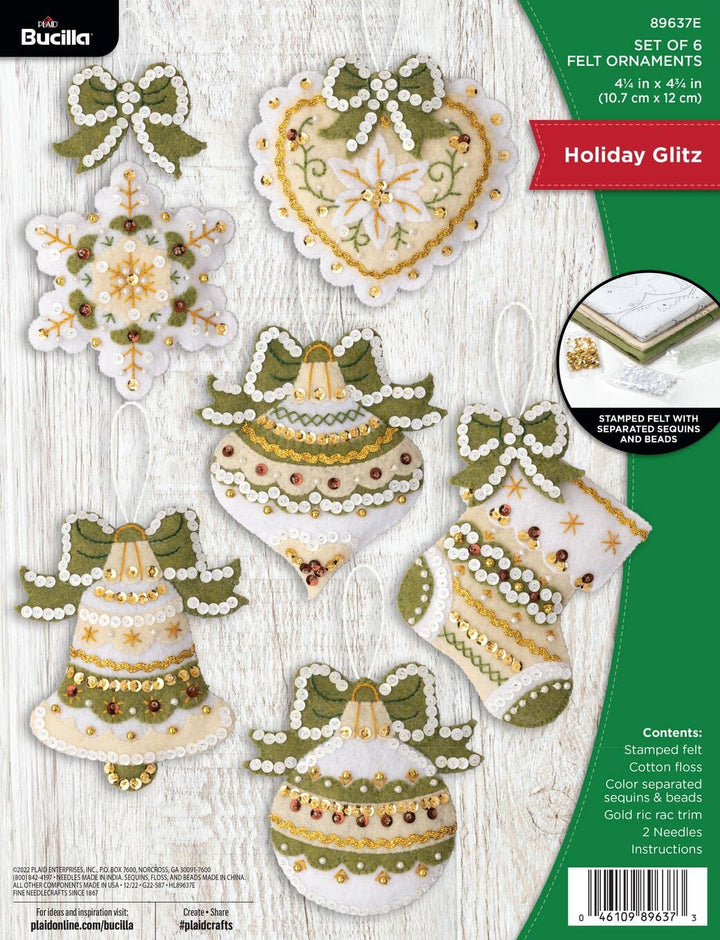 Bucilla Holiday Glitzer-Set mit 6 Filzapplikationen, ideal für DIY-Kunst und Handwerk, 89637E