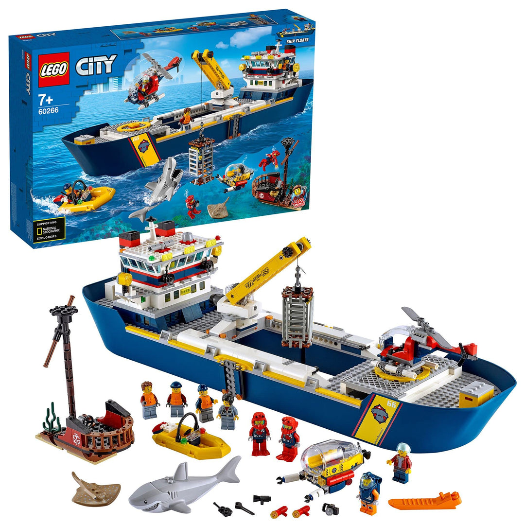 LEGO 60266 City Meeresforschungsschiff, schwimmendes Spielzeugboot, Tiefsee-Unterwasserset, Tauchabe