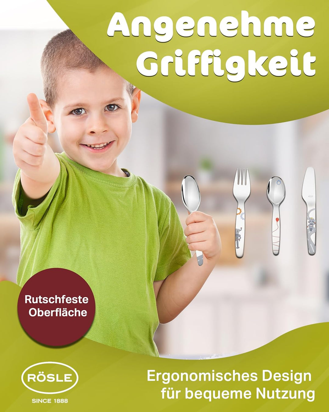 RÖSLE Kinderbesteck "Kleiner Roboter", 4-teilig, ab 3 Jahren, Edelstahl 18/10, Spülmaschinengeeignet