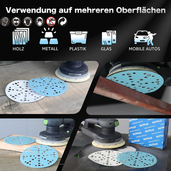 50 Stück Schleifpapier 150 mm Klett 100 Körnung 49 Löcher Keramik Schleifscheiben Blau Staubentfernu