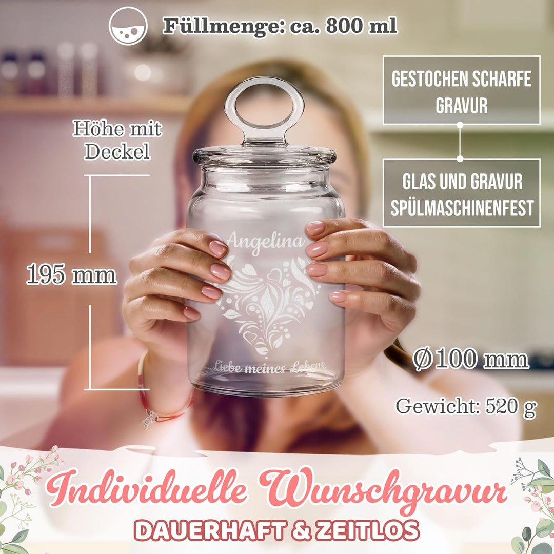 Print Royal PR Personalisierte Keksdose aus Glas mit Gravur - 800 ml - Liebe meines Lebens mit Name