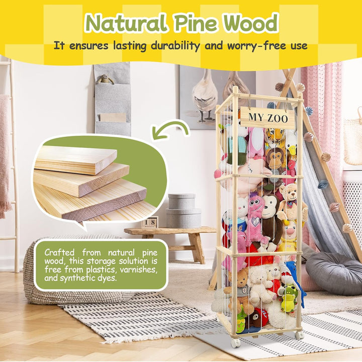 Holz Kuscheltier Aufbewahrung mit °Räder, 135 * 40 * 40cm Stofftier Aufbewahrung für Kuscheltiere, A