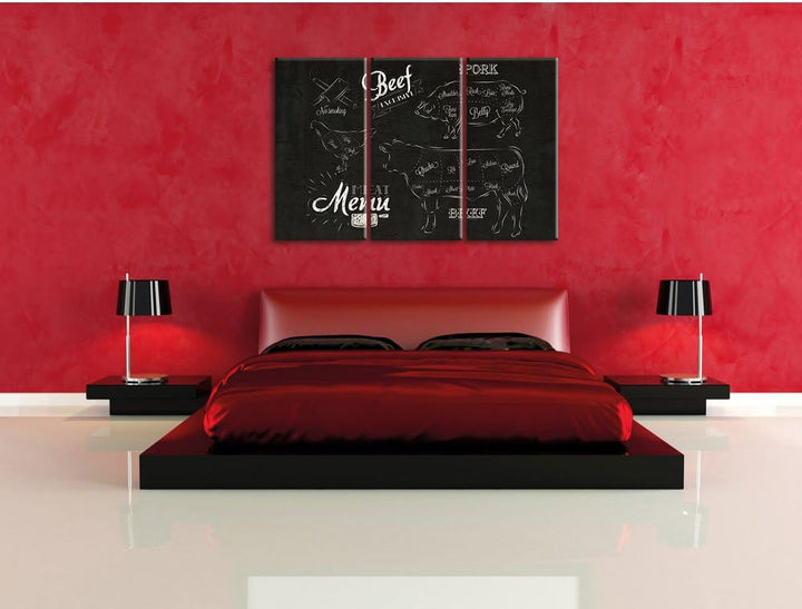 Pixxprint Meat Menu 1889 als Leinwandbild/Grösse: 3 Teilig (120x80) cm/Wandbild/Kunstdruck/fertig be