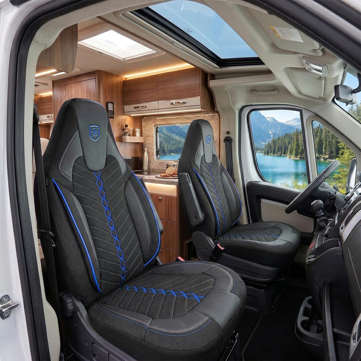 Autositzbezüge Universal für Wohnmobil & Caravan - Vordersitze Auto Sitzbezug aus Leinen, Schwarz-Bl