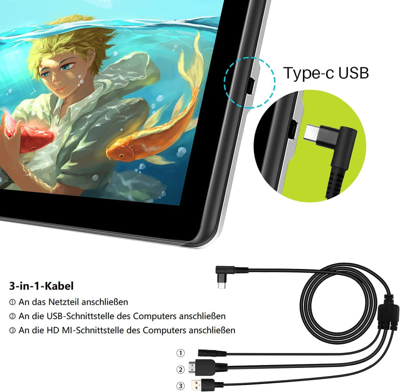 HUION Kamvas Pro 16 Grafiktablett mit Display Drawing Tablet mit Tilt-Funktion und 6 Drucktasten+1 T