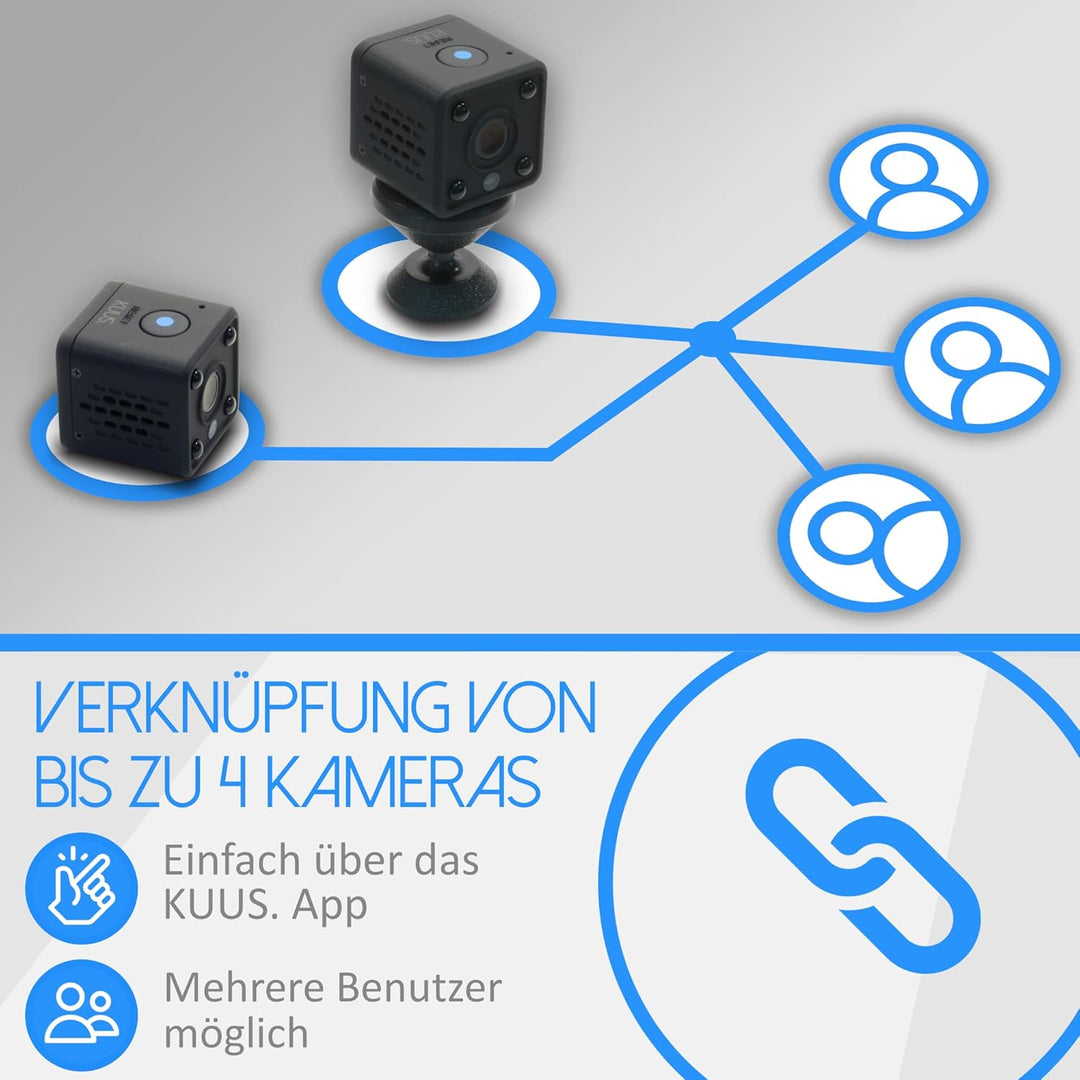 KUUS C2 Mini Kamera mit Bewegungsmelder: kompakte und mini Überwachungskamera innen, mini Kamera liv