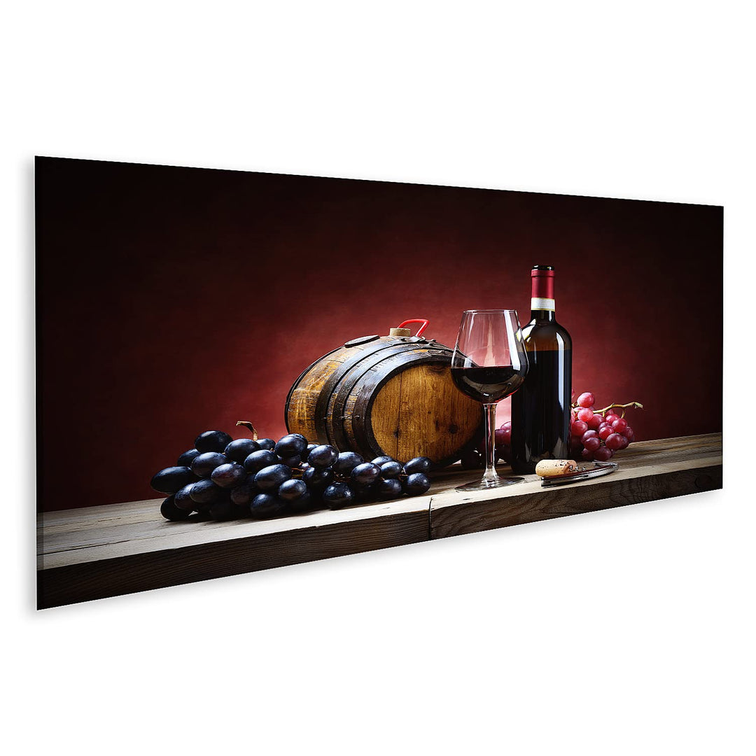 islandburner Bild auf Leinwand Rotwein Glas Trauben Flasche Kleines Fass Bilder Wandbilder Poster Le