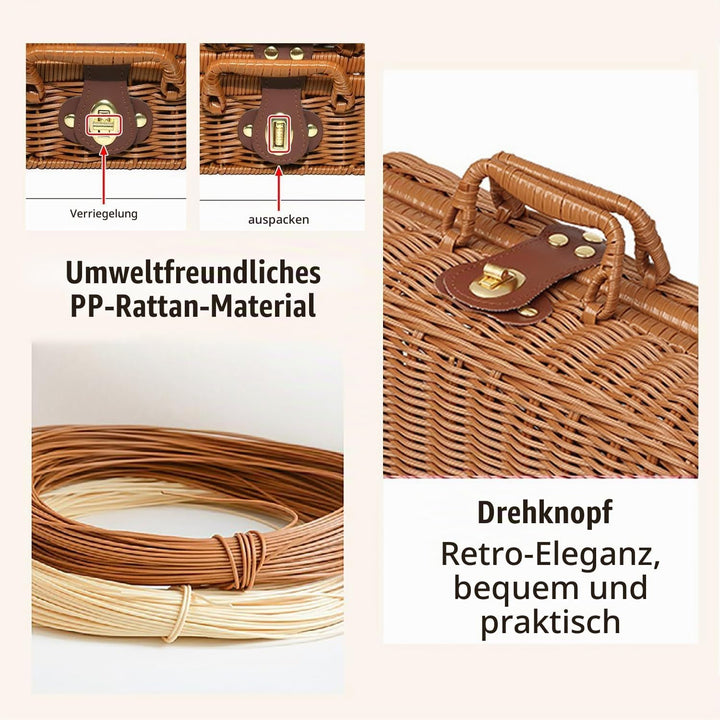 Geflochtener Rattan-Koffer Aufbewahrungskorb mit Griff, Gewebte Picknickbox, Handgewebt, mit Metalls