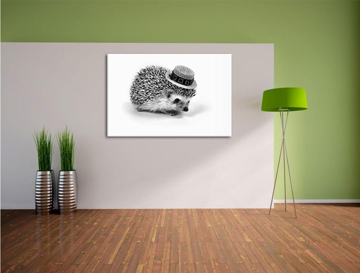 Pixxprint Monocrome, Lustiger Igel mit Hut, Format: 100x70 auf Leinwand, riesige Bilder fertig gerah