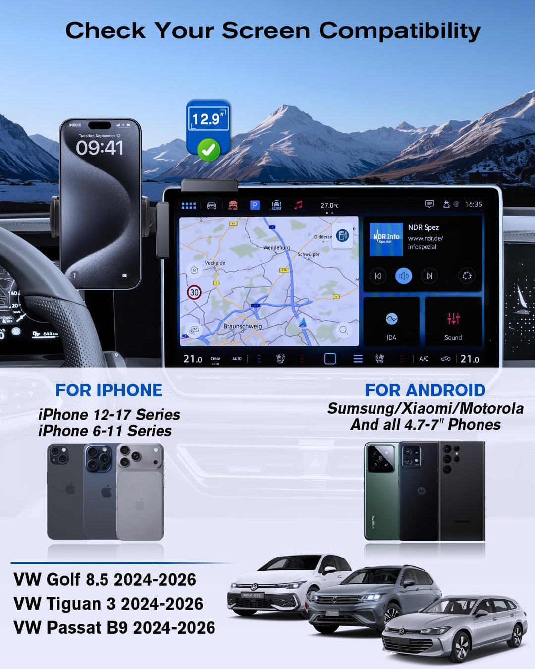 Handyhalterung für VW 12,9 Zoll Display, Golf 8.5/Tiguan 3/Passat B9, Golf/Tiguan/Passat 2024-2026 M