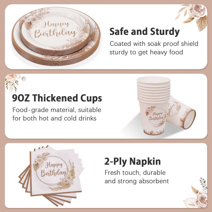 Partygeschirr Set Geburtstag für 25 Gäste, 125pcs Bohème-Stil Wiederverwendbare Partygeschirr Set Ge