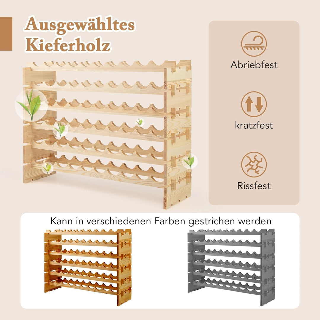 COSTWAY Weinregal Holz stapelbar, Flaschenregal für 60 Flaschen, Weinständer mit 6 Ebenen, Holzregal