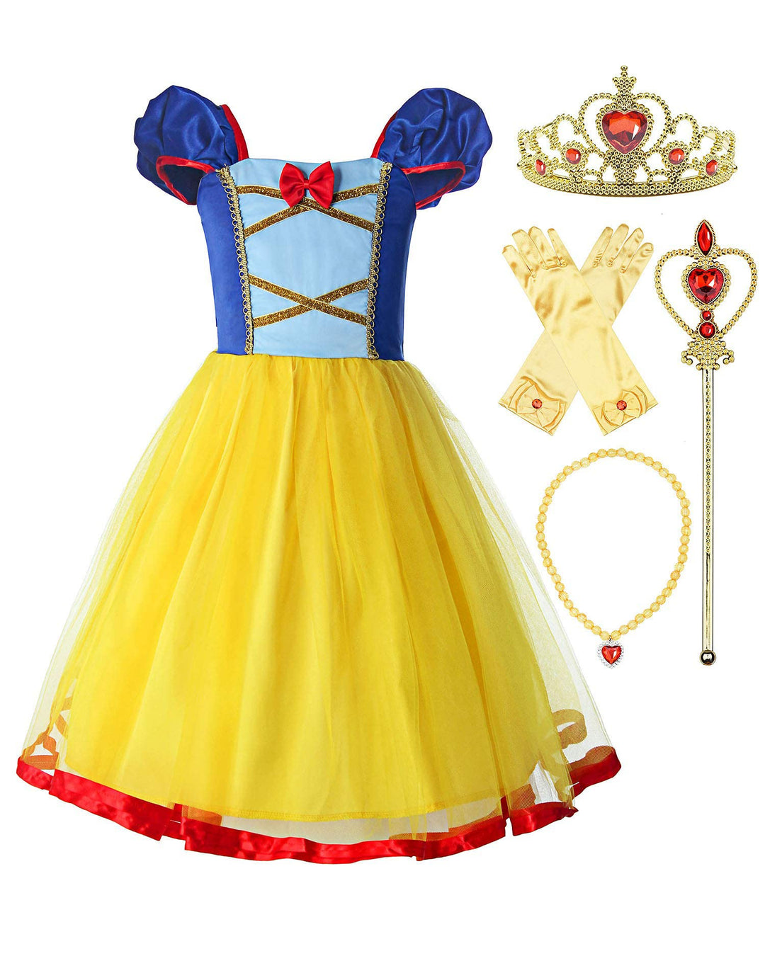 ReliBeauty Mädchen Elastische Taille Rückenfreie Prinzessin Kleid Kostüm, Gelb, mit Zubehör, 140 Gel