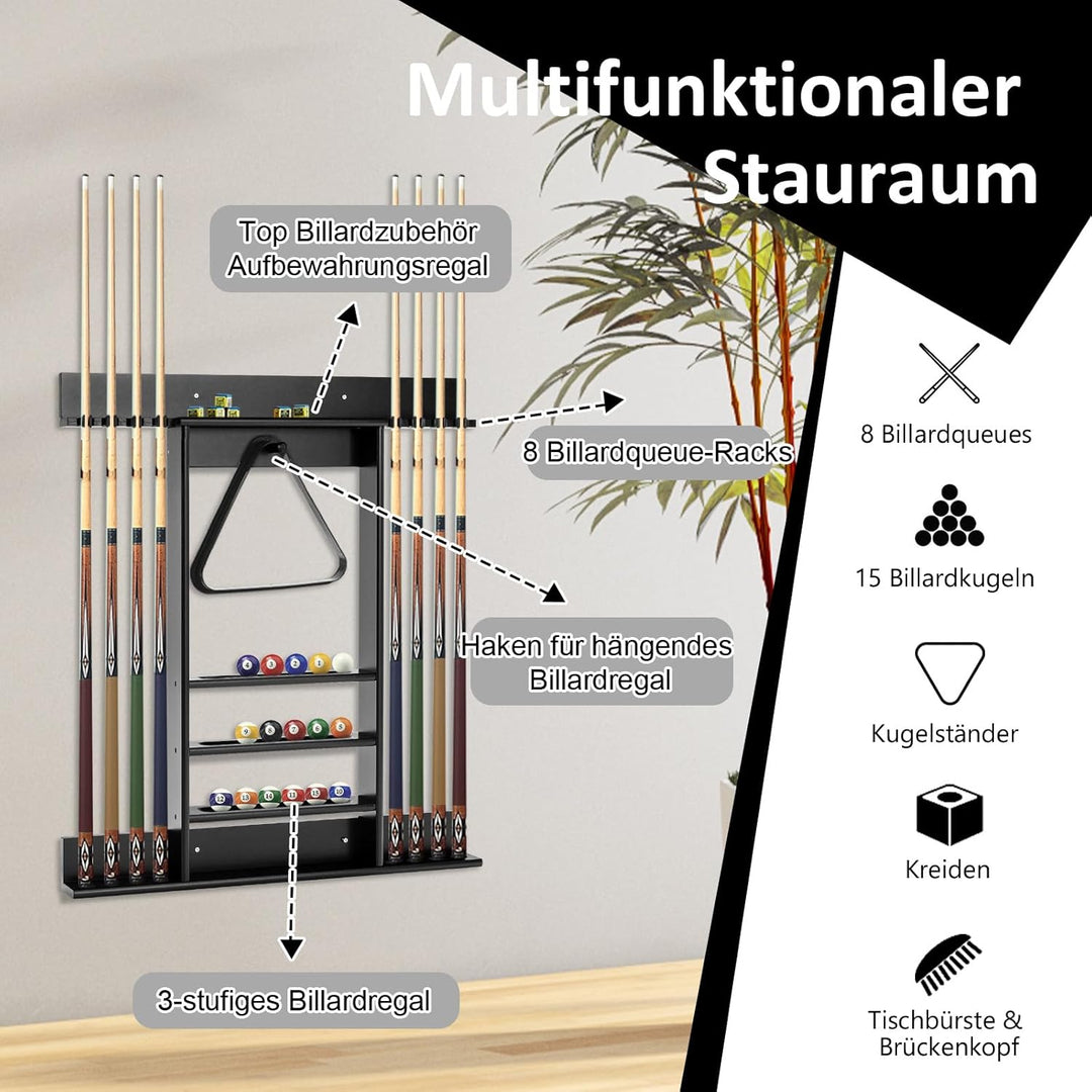 GOPLUS Billardständer, Pool Queue Halter aus Kiefernholz mit 8 Queue-Stifte, 3-stufig, Ball Rack Hal