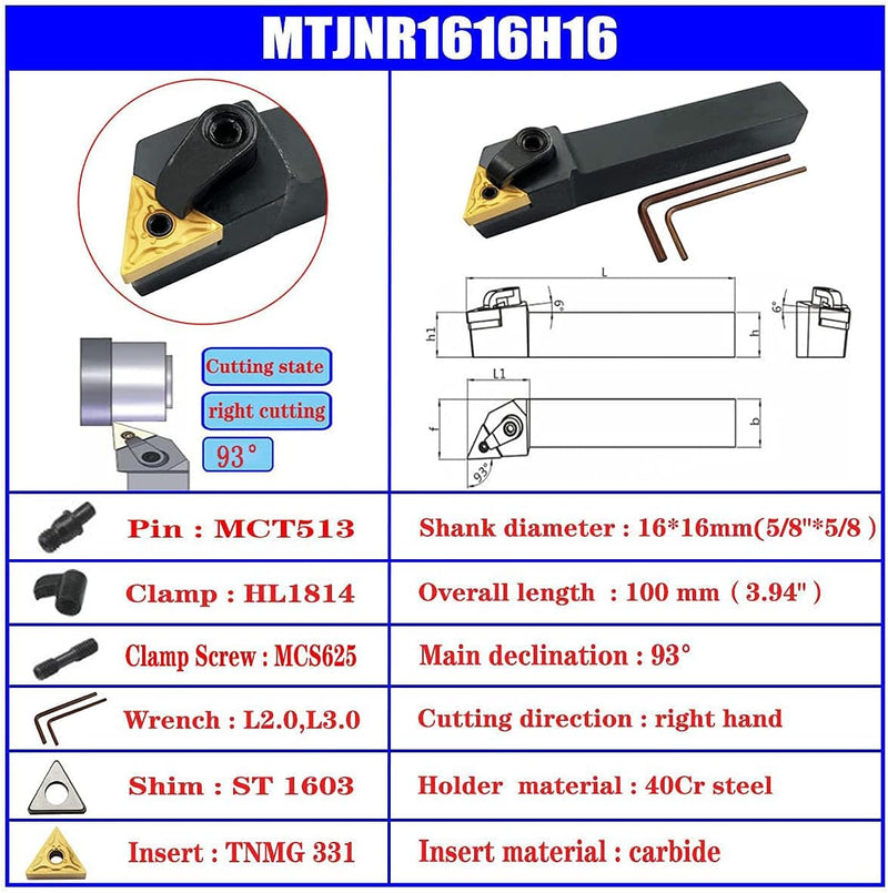 3 Stück CNC-Drehmaschinen-Drehmaschine, indexierbar, Hartmetall-Drehwerkzeug, Bit Set MTJNR1616H16 +