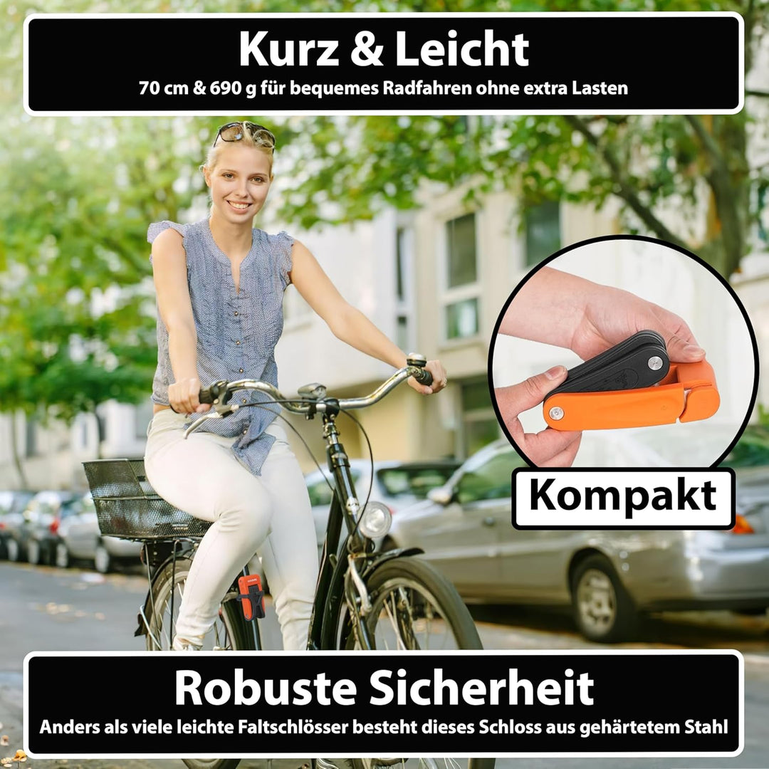 KOHLBURG leichtes & kleines Faltschloss - 690g leicht & 70cm lang - sicheres Fahrradschloss aus gehä