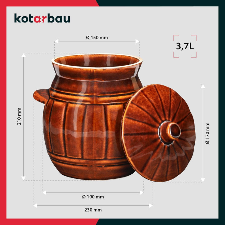 KOTARBAU® Keramik Gärtopf 3,7 L Braun Gurkentopf mit Deckel Sauerkrauttopf aus Steinzeug Einmachtopf