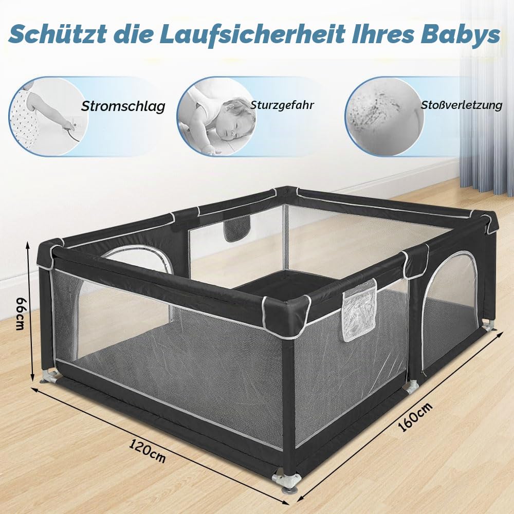 Laufstall, modular, 120 cm x 160 cm x 66 cm, faltbar, Oxford-Stoff, mit Aufbewahrungstasche, sicher