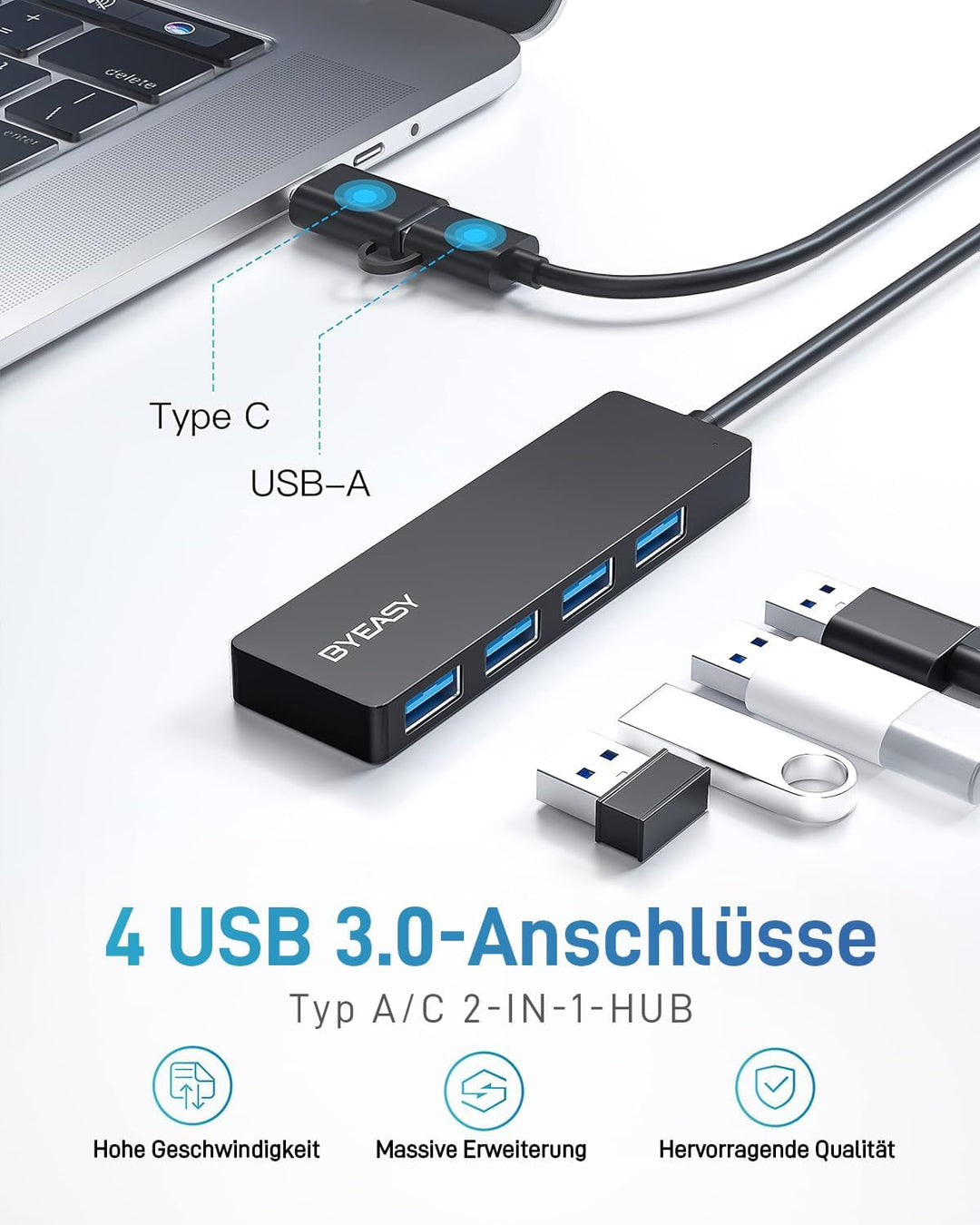 BYEASY USB HUB mit USB-C Stecker, USB C+A zu USB 3.0, Ultra Slim Multiport 4 Ports USB 3.0 Adapter f