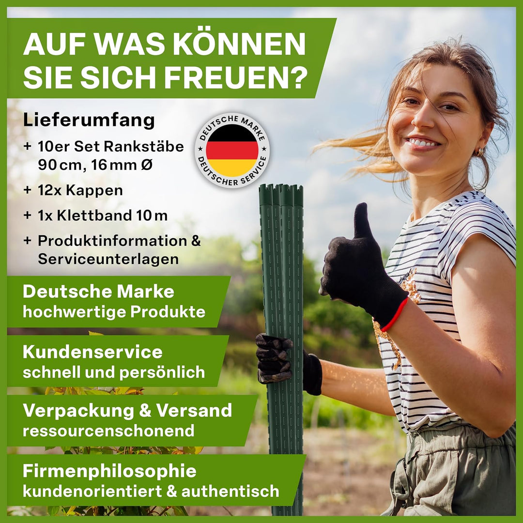 TTL GARDEN Rankstäbe 10er Set 90cm x 16mm Ø grün - extra stabile 16 mm Rankhilfe Pflanzstäbe + Klett