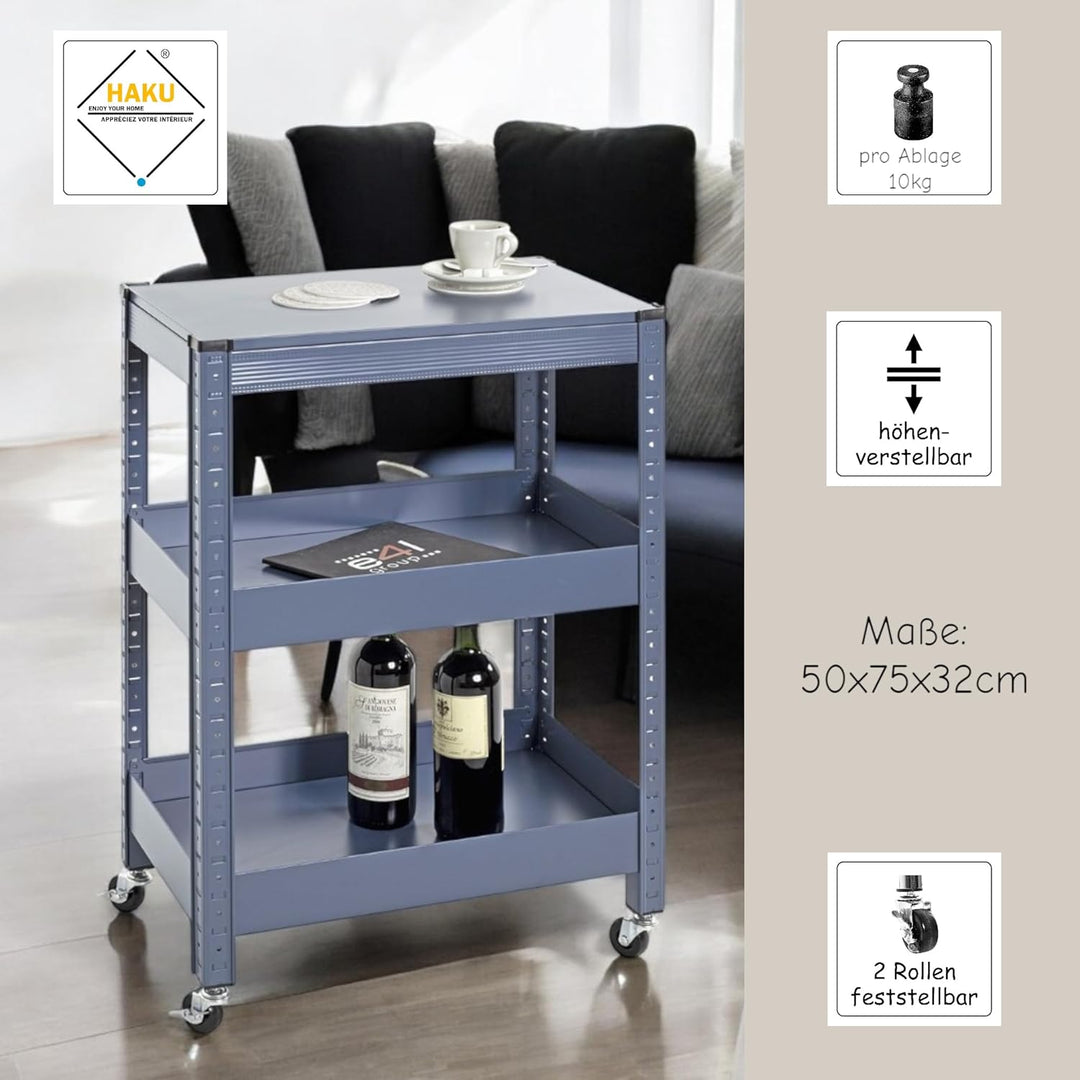 HAKU Möbel Servierwagen, blau, Metall - Masse: B 50 x H 75 x T 32 cm, Style: Modern, Blau