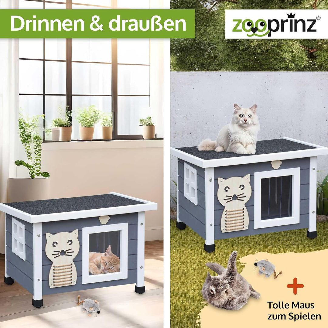 zooprinz Premium Holz Katzenhaus – Katzenkiste mit Dach zum Öffnen, Fenster und Schwingtür – Sisalba