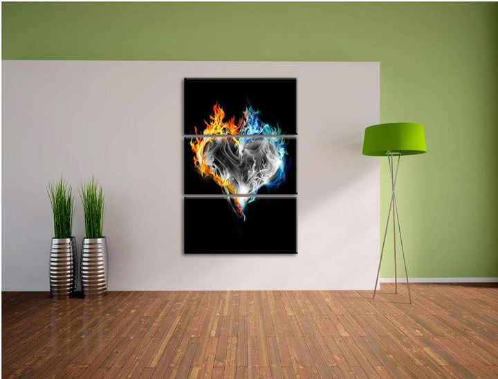 Dark brennendes Herz aus Feuer und Wasser schwarz/weiss 3-Teiler Leinwandbild 120x80 Bild auf Leinwa