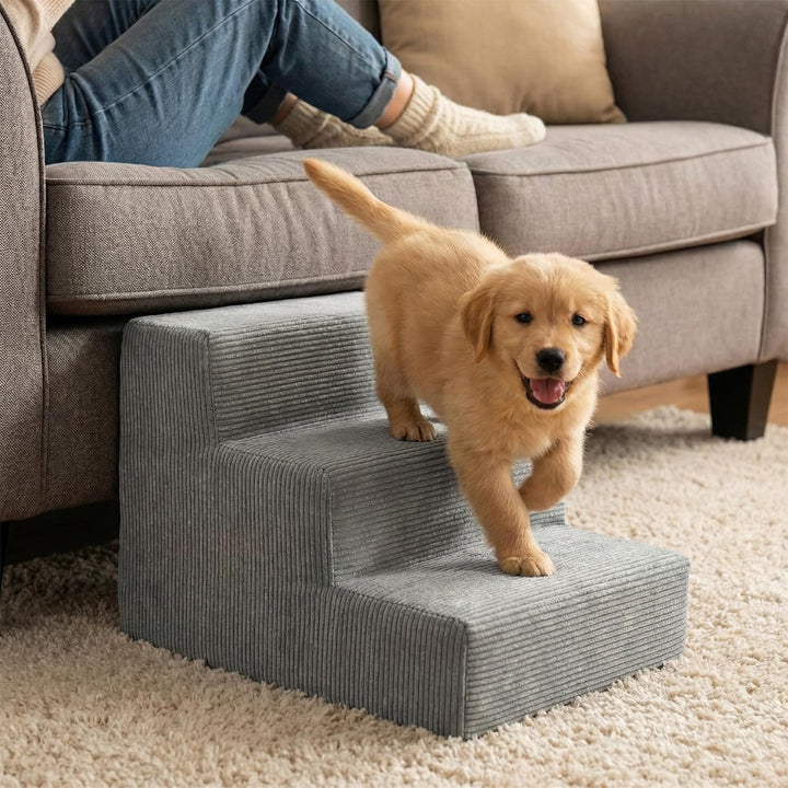 murando Hundetreppe für Kleine Hunde 3 Stufen 30 cm, Cord - Grau | Haustiertreppe für Bett, Sofa, Be