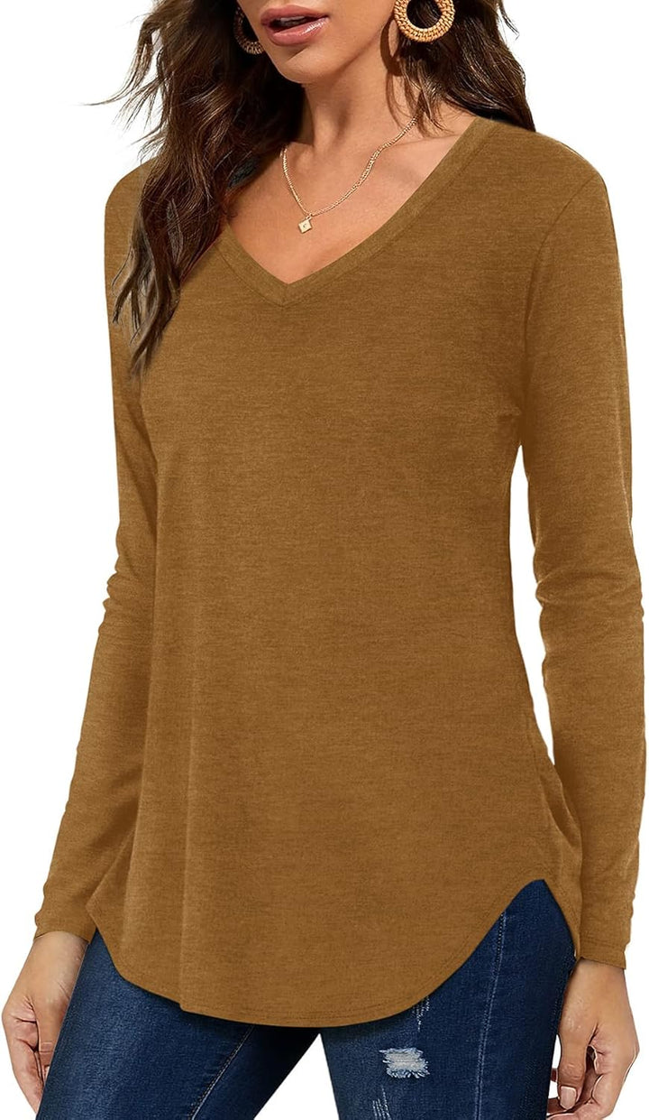 Florboom Tunika Damen Langarm/Kurzarm V Ausschnitt Oberteil Shirts Basic Casual Longshirt S A-braun,