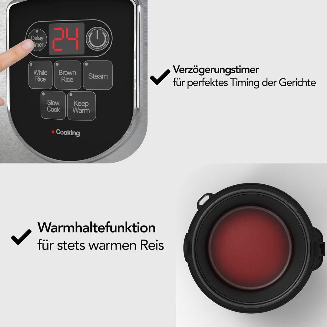 Aviro Reiskocher – Slow Cooker – 1,8 l – 7 Funktionen – Warmhaltefunktion – Reiskocher – Antihaftbes