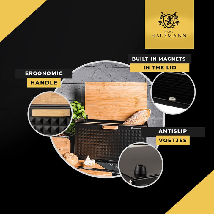 Brotkasten Metall Schwarz mit Bambus Deckel - Hält Brot länger frisch | Grosse Brotbox zur Brotaufbe