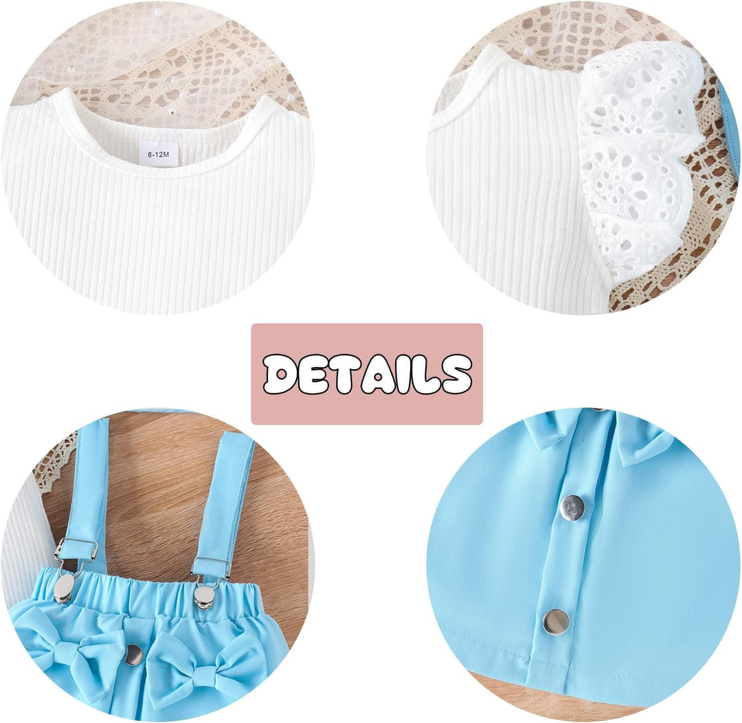 Kleinkind Baby Mädchen Rüschen Hosenschlitz Kurzarm Geripptes Oberteil + Schleife Strapsrock Overall