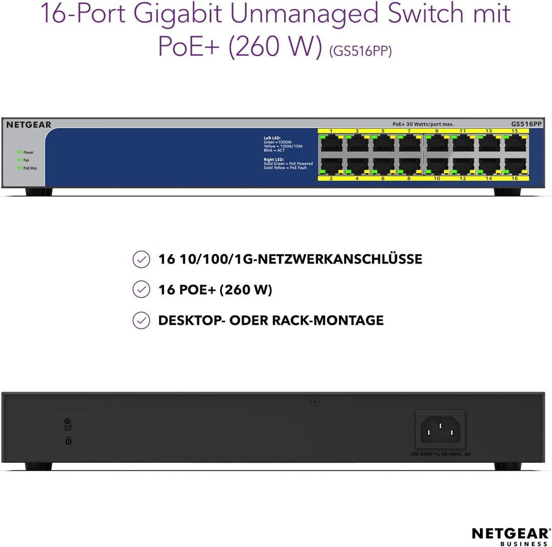 Netgear GS516PP 16 Port Gigabit Ethernet LAN PoE Switch (16x PoE+ 260W, Plug-and-Play Netzwerk Switc