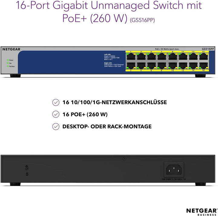 Netgear GS516PP 16 Port Gigabit Ethernet LAN PoE Switch (16x PoE+ 260W, Plug-and-Play Netzwerk Switc