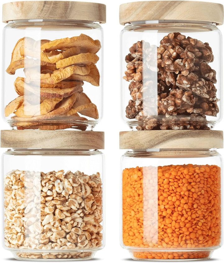 Econovo® Vorratsgläser mit Holzdeckel 500ml (4-teilig) aus Borosilikatglas, stapelbar und luftdicht,