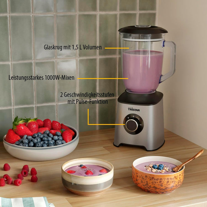 Tristar Standmixer, 1,5 L Glasbehälter, 1000 W Motor, Edelstahlgehäuse, 2 Geschwindigkeitsstufen, Le