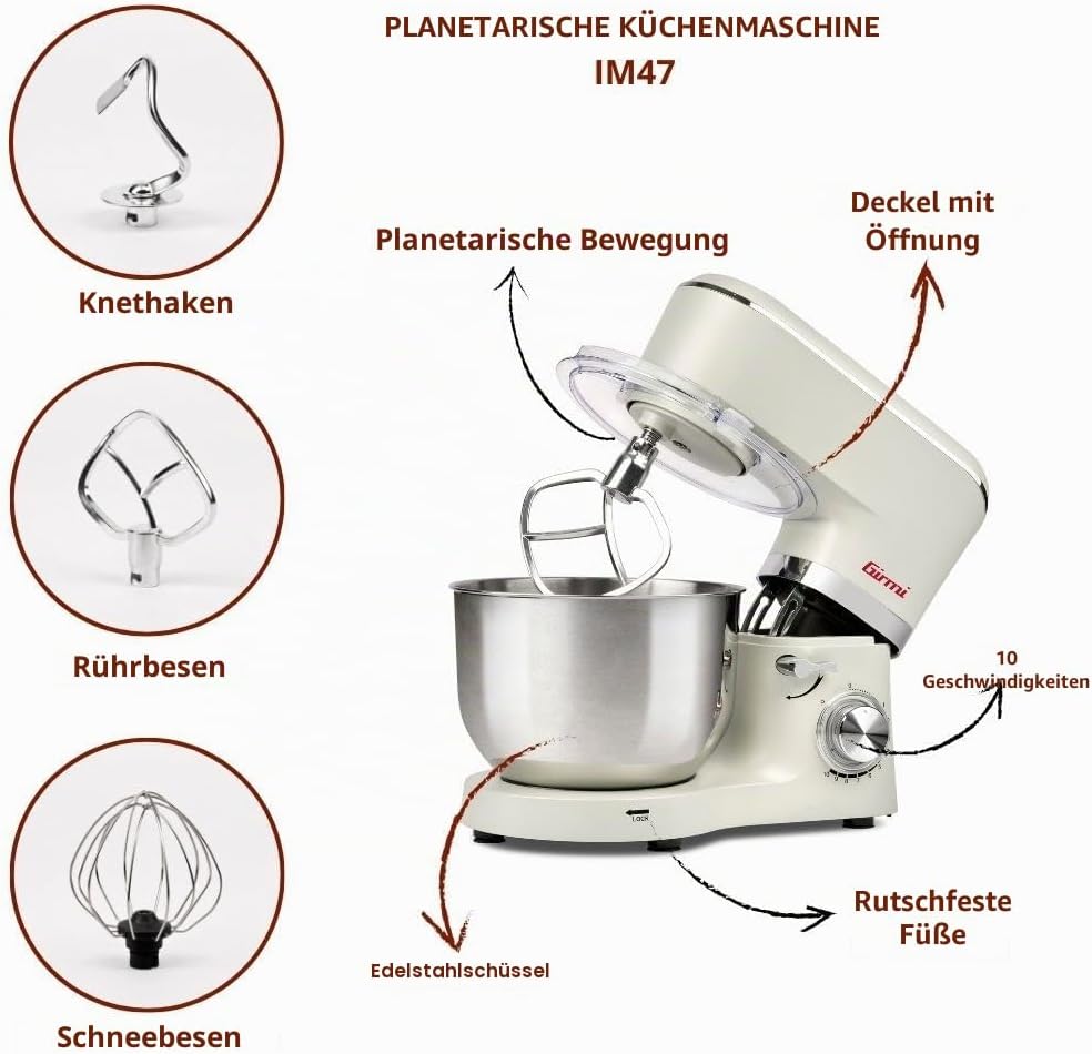 Girmi IM47 Knetmaschine, 1500 W Max, 6 Liter, Fassungsvermögen 6 Liter, Teig bis 2,4 kg, Pulse, 10 G