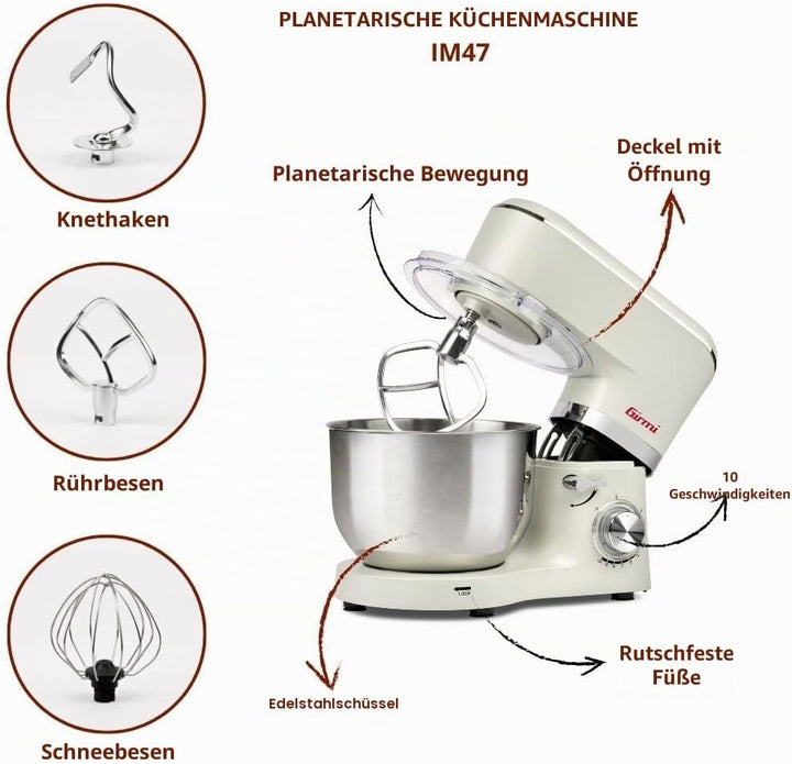 Girmi IM47 Knetmaschine, 1500 W Max, 6 Liter, Fassungsvermögen 6 Liter, Teig bis 2,4 kg, Pulse, 10 G