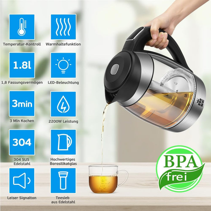 ForMe Glas Wasserkocher 1,8 Temperatureinstellung Temperaturwahl 40°C-100°C Farbwechsel LED I BPA FR