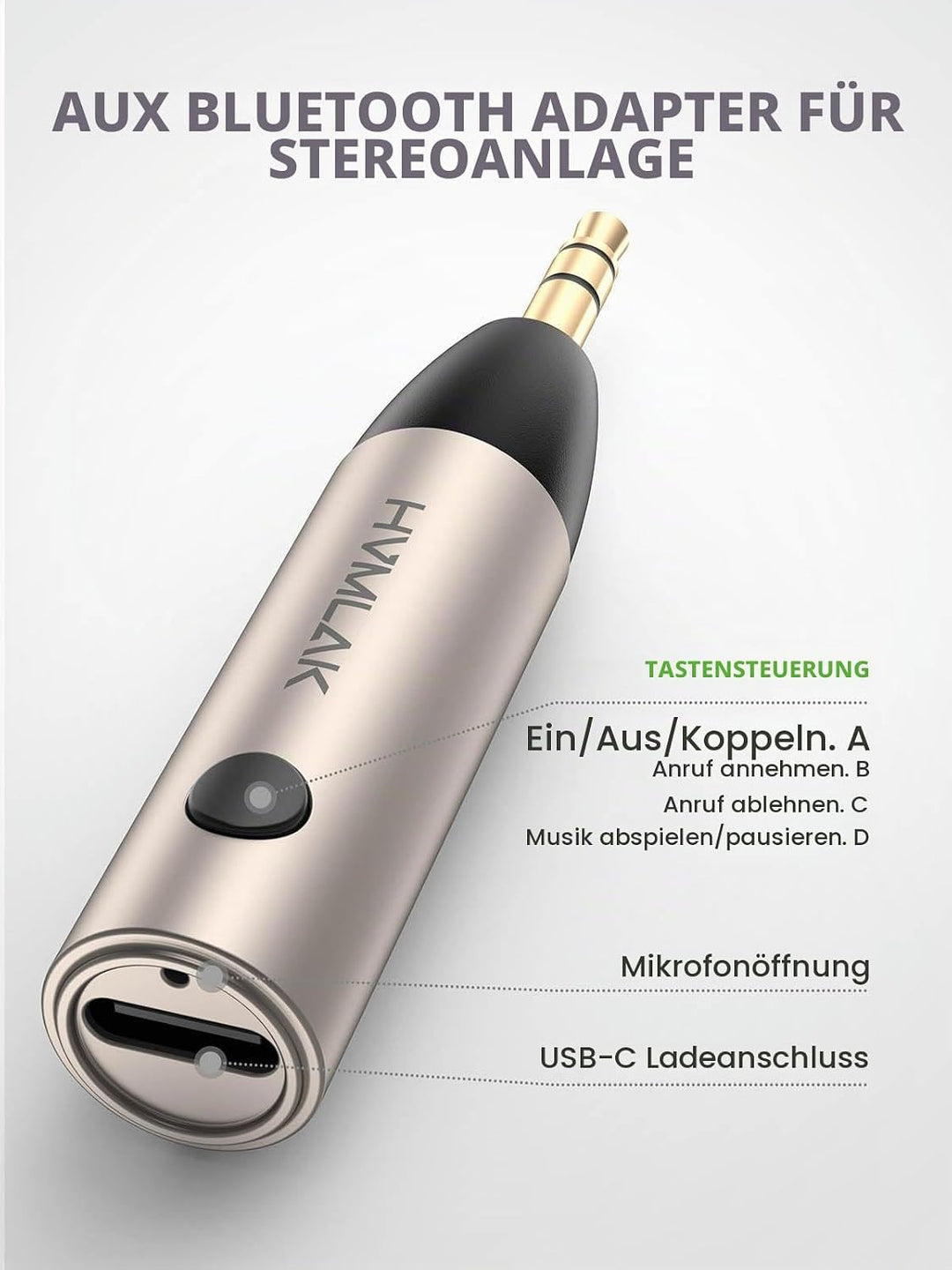 HVMLAK Aux Bluetooth Adapter Auto, Bluetooth 5.3 Empfänger [Stabile Verbindung] für Autoradio Heim-S