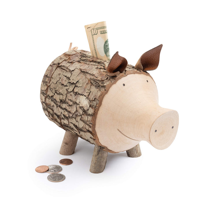 Sparschwein Rudi aus Astholz mit Rinde - Spardose aus Holz - kreative Geldgeschenk