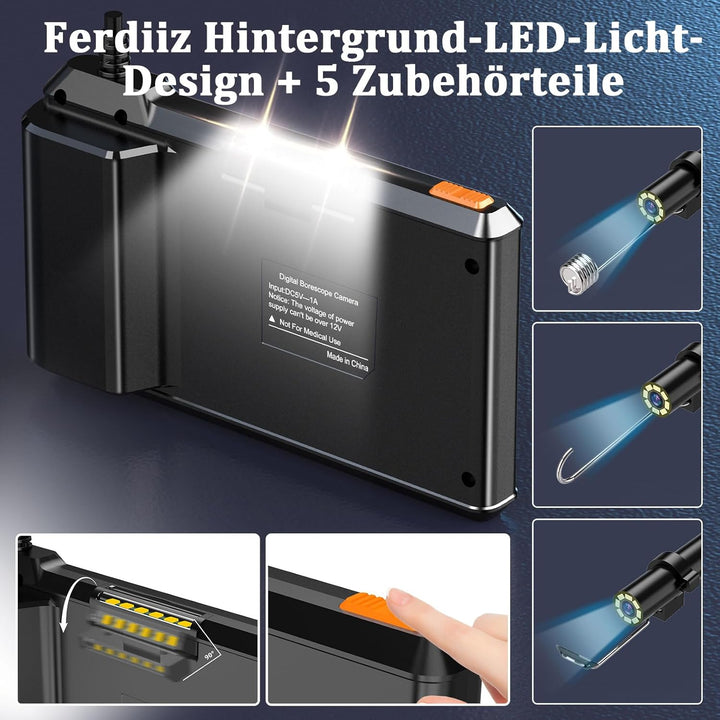 Endoskopkamera mit Licht Ferdiiz, 1080P HD Inspektionskamera mit 4,3-Zoll-IPS-Bildschirm, IP67 wasse