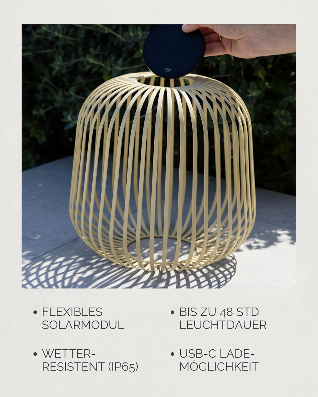 LUUK Studio Mobile Outdoor LED Solarleuchte, wetterfeste Terrassenbeleuchtung & Windlicht, Akku wied