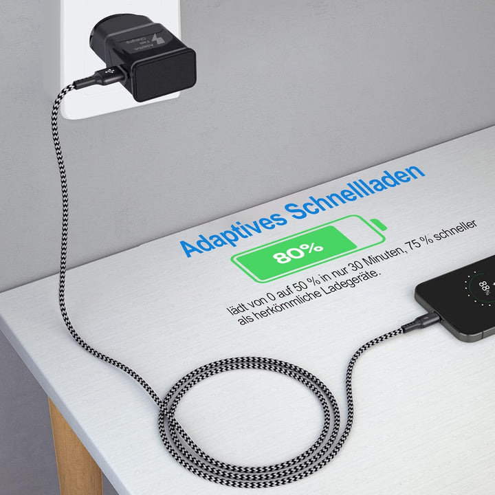 Adaptives Schnellladegerät und 2M USB Type C Nylon Kabel, KAIMENGLONG Fast Charge 3.0 Adapter USB-C