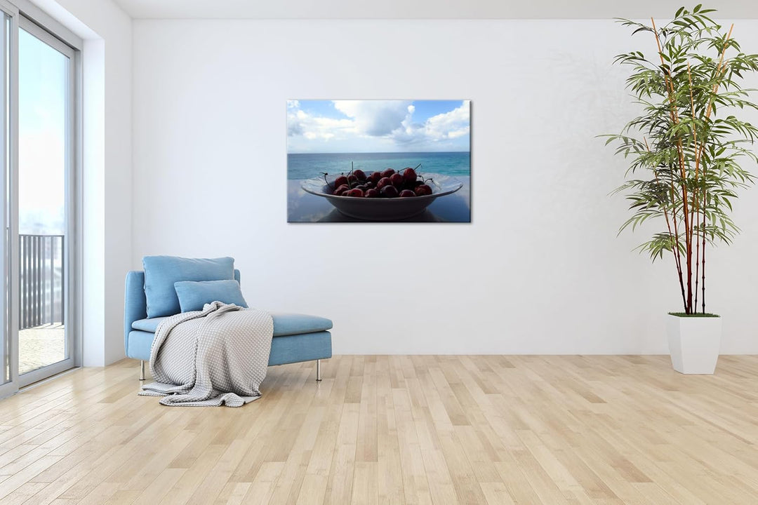 deyoli ein Teller appetitlicher Kirschen Format: 80x60 als Leinwandbild, Motiv fertig gerahmt auf Ec