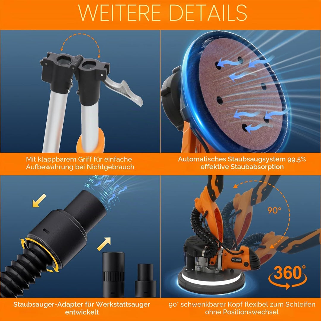 Trockenbauschleifer, 1250 W 225 mm Elektroschleifer, 5 variablen Geschwindigkeiten von 500 bis 1800